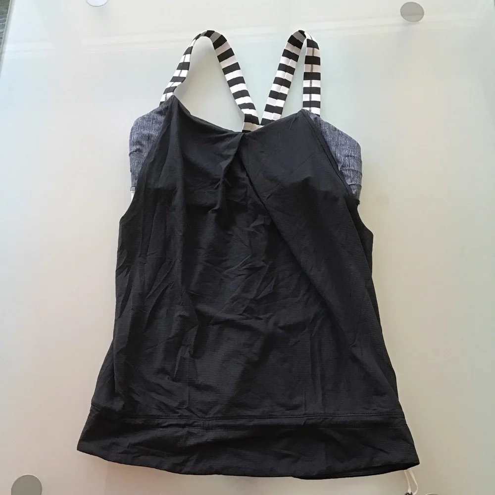 Lululemon Rest Less Tank Luxtreme Black Burlap Texture Apex Stripe Dune‎ 8